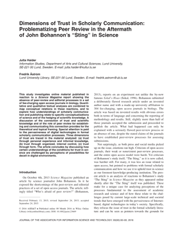 Dimensions of Trust in Scholarly Communication: Problematizing Peer Review in the Aftermath of John Bohannon’S “Sting” in Science