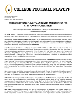 College Football Playoff Announces Talent Lineup for At&T Playoff Playlist Live!