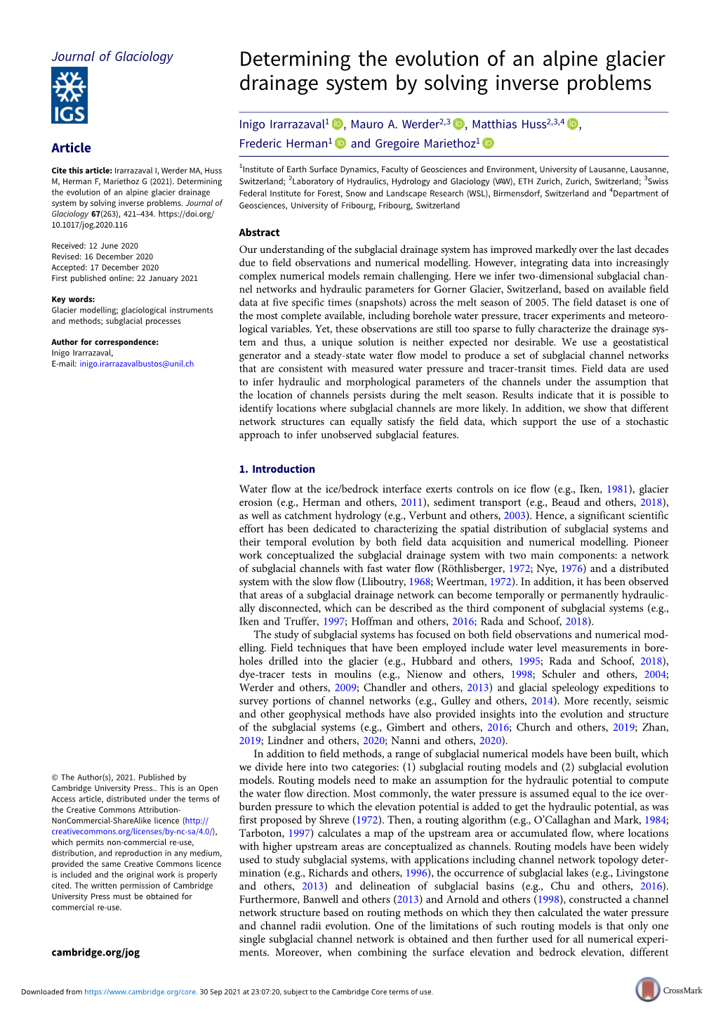 Determining the Evolution of an Alpine Glacier Drainage System by Solving Inverse Problems