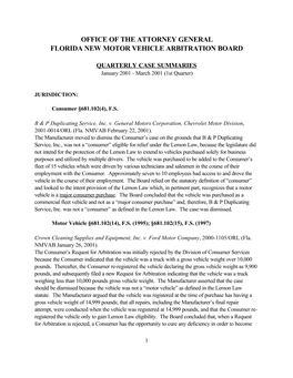 Office of the Attorney General Florida New Motor Vehicle Arbitration Board