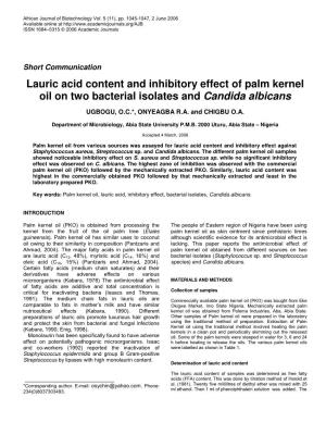 Lauric Acid Content and Inhibitory Effect of Palm Kernel Oil on Two Bacterial Isolates and Candida Albicans