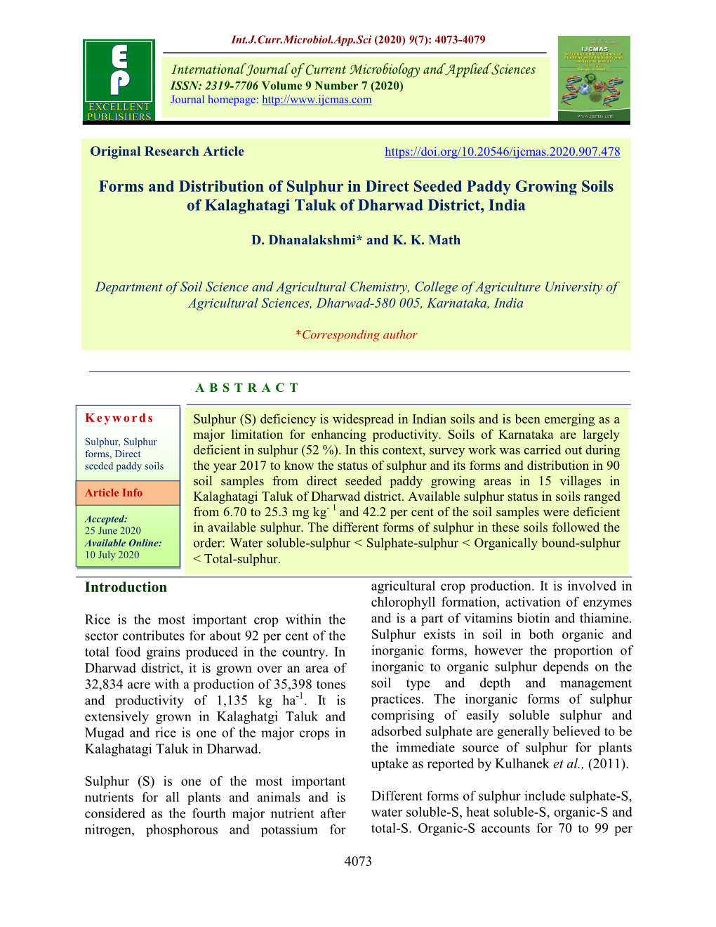 Forms and Distribution of Sulphur in Direct Seeded Paddy Growing Soils of Kalaghatagi Taluk of Dharwad District, India