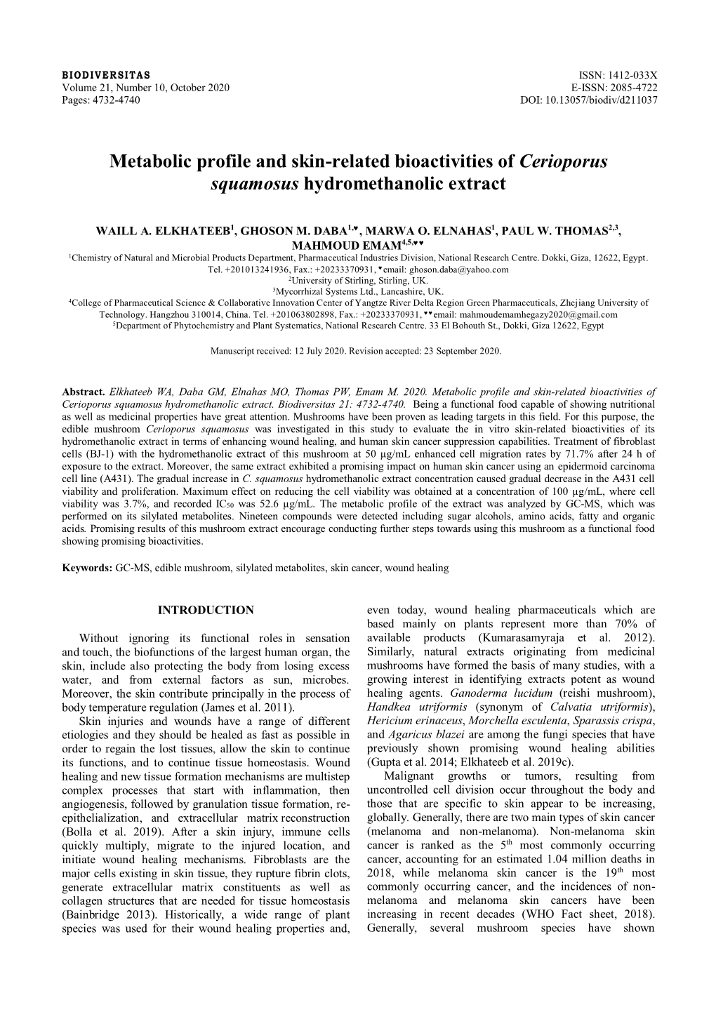 Metabolic Profile and Skin-Related Bioactivities of Cerioporus Squamosus Hydromethanolic Extract