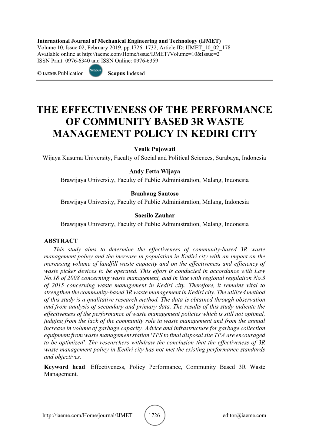 The Effectiveness of the Performance of Community Based 3R Waste Management Policy in Kediri City