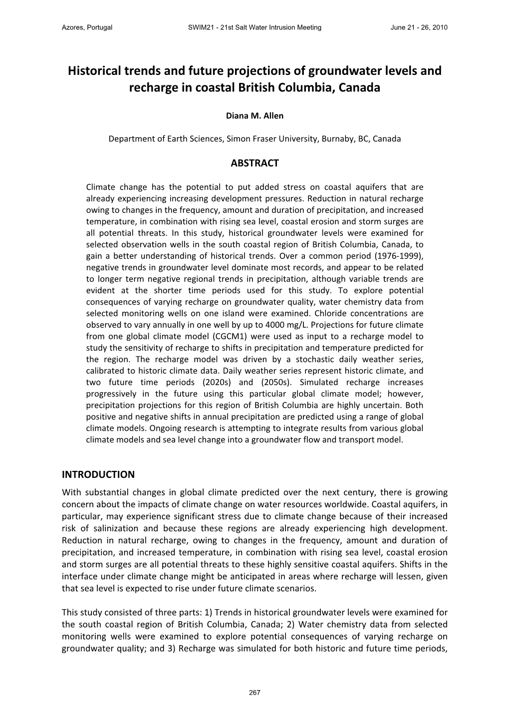 Historical Trends and Future Projections of Groundwater Levels and Recharge in Coastal British Columbia, Canada