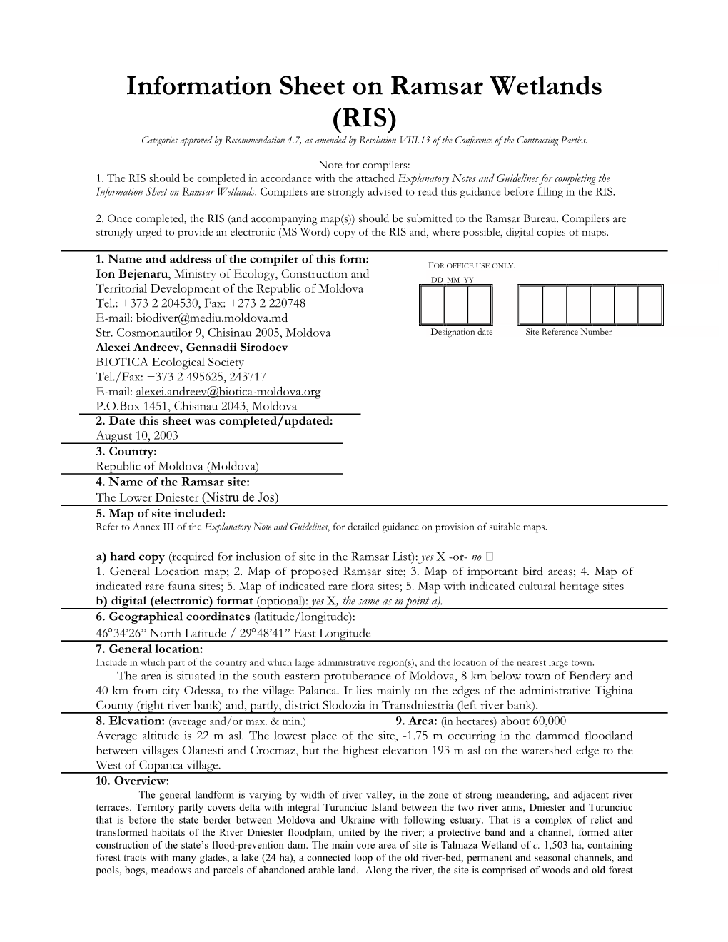 Information Sheet on Ramsar Wetlands (RIS) Categories Approved by Recommendation 4.7, As Amended by Resolution VIII.13 of the Conference of the Contracting Parties