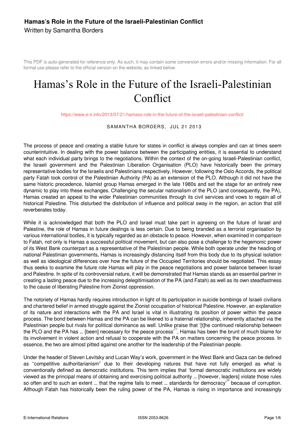 Hamas's Role in the Future of the Israeli-Palestinian Conflict