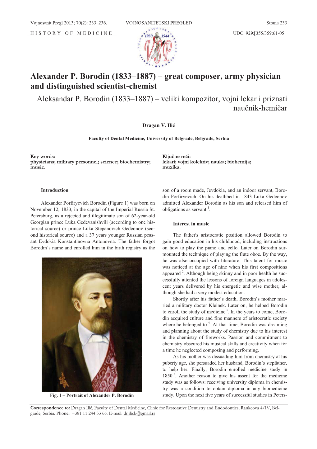 Alexander P. Borodin (1833–1887) – Great Composer, Army Physician and Distinguished Scientist-Chemist Aleksandar P