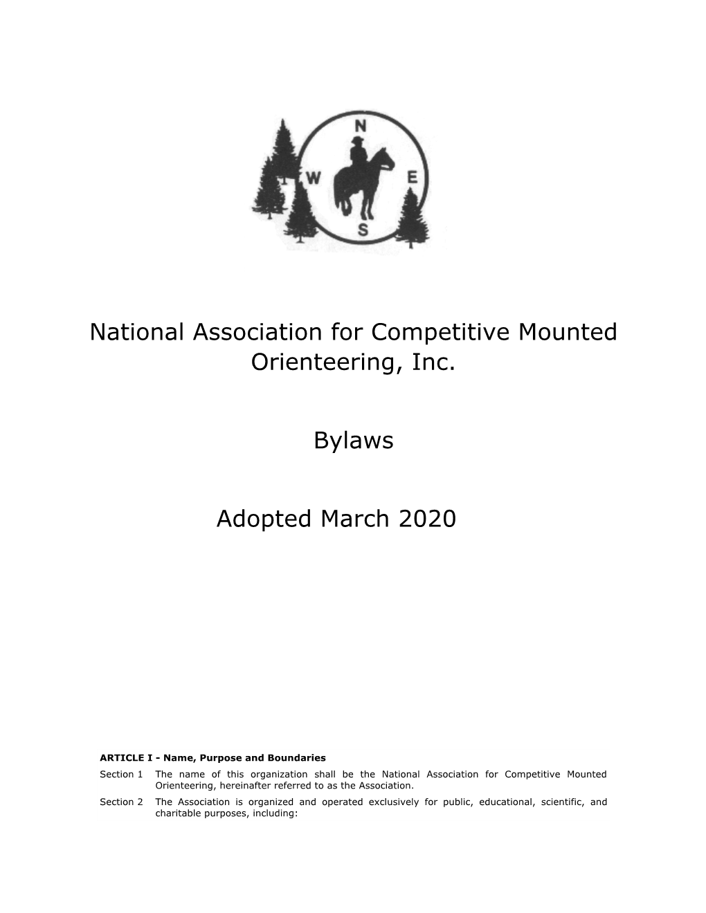 National Association for Competitive Mounted Orienteering, Inc. Bylaws
