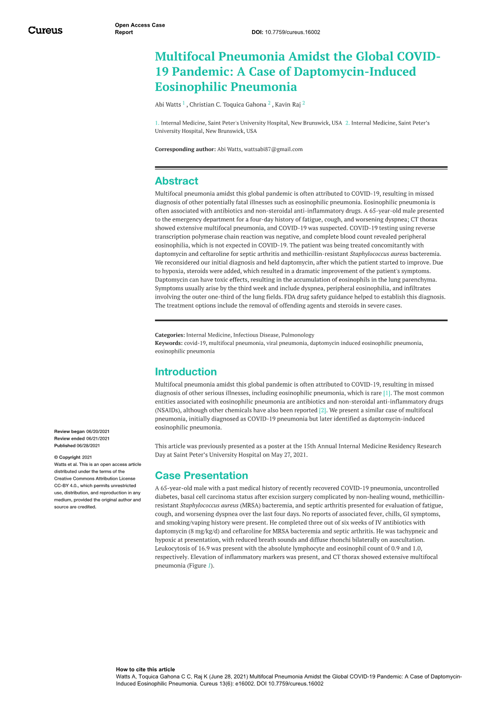 A Case of Daptomycin-Induced Eosinophilic Pneumonia