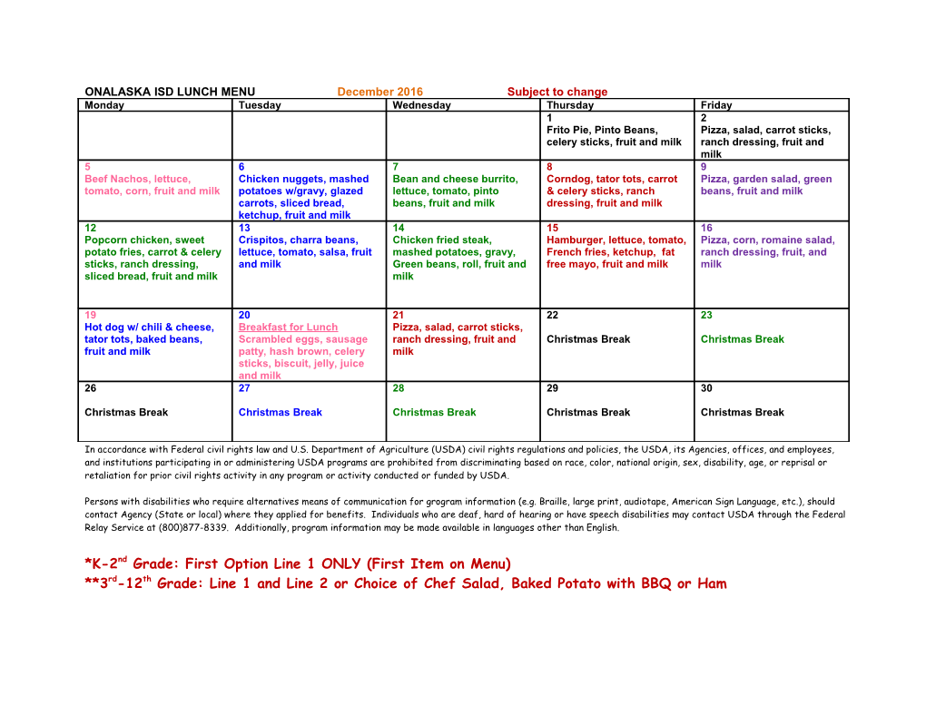 ONALASKA ISD LUNCH MENU December 2016 Subject to Change