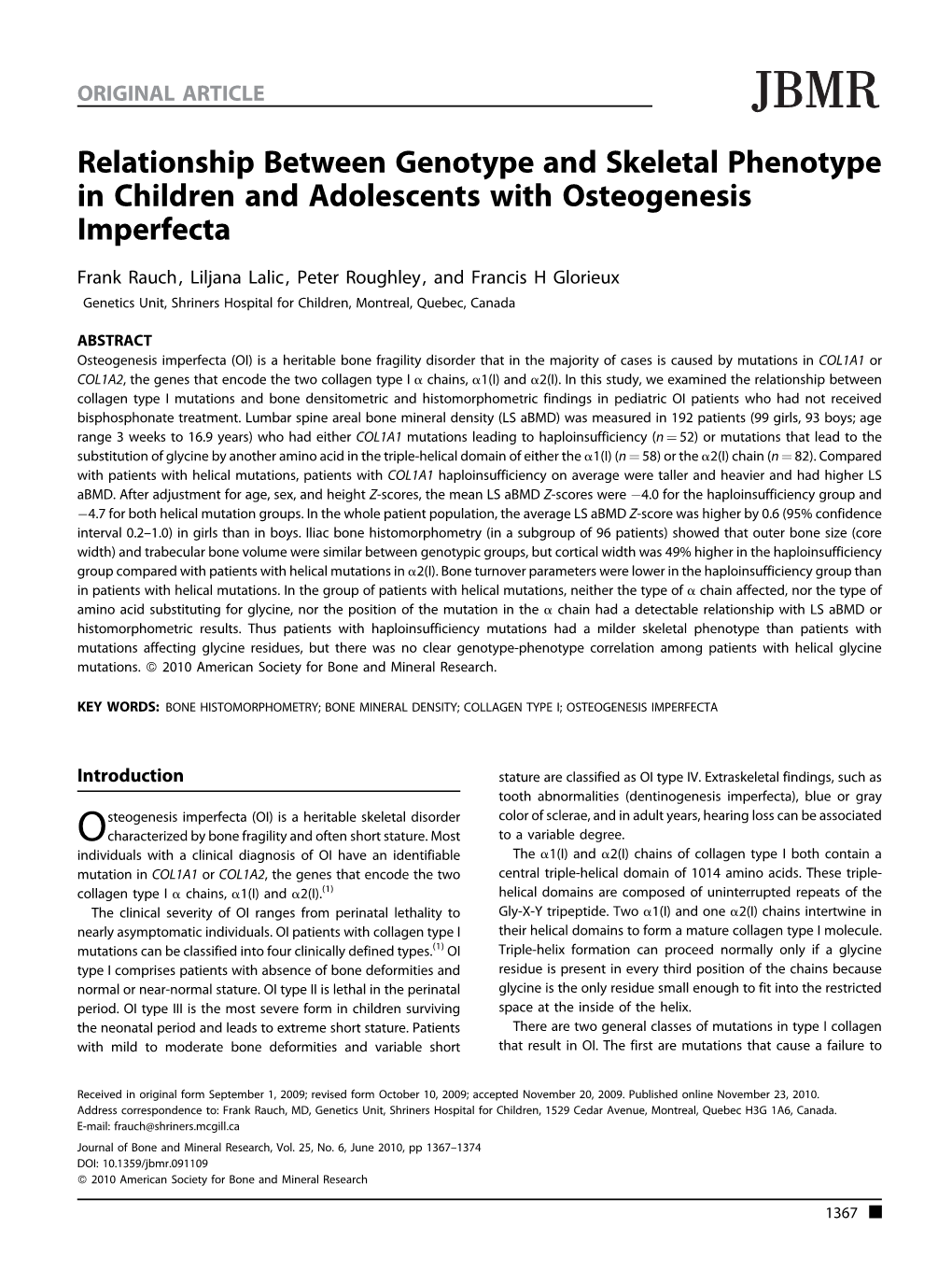 Relationship Between Genotype and Skeletal Phenotype in Children and Adolescents with Osteogenesis Imperfecta