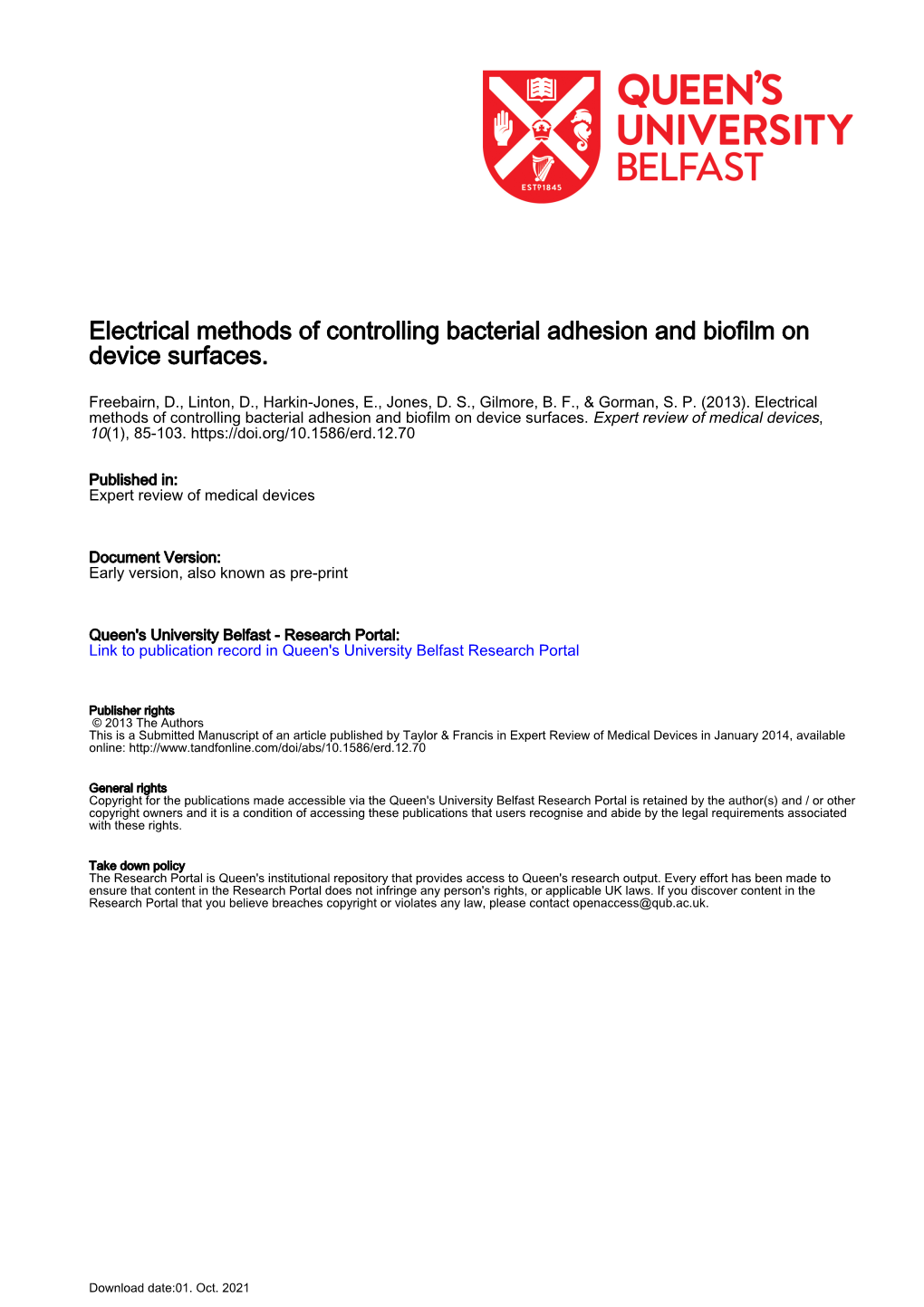 Electrical Methods of Controlling Bacterial Adhesion and Biofilm on Device Surfaces