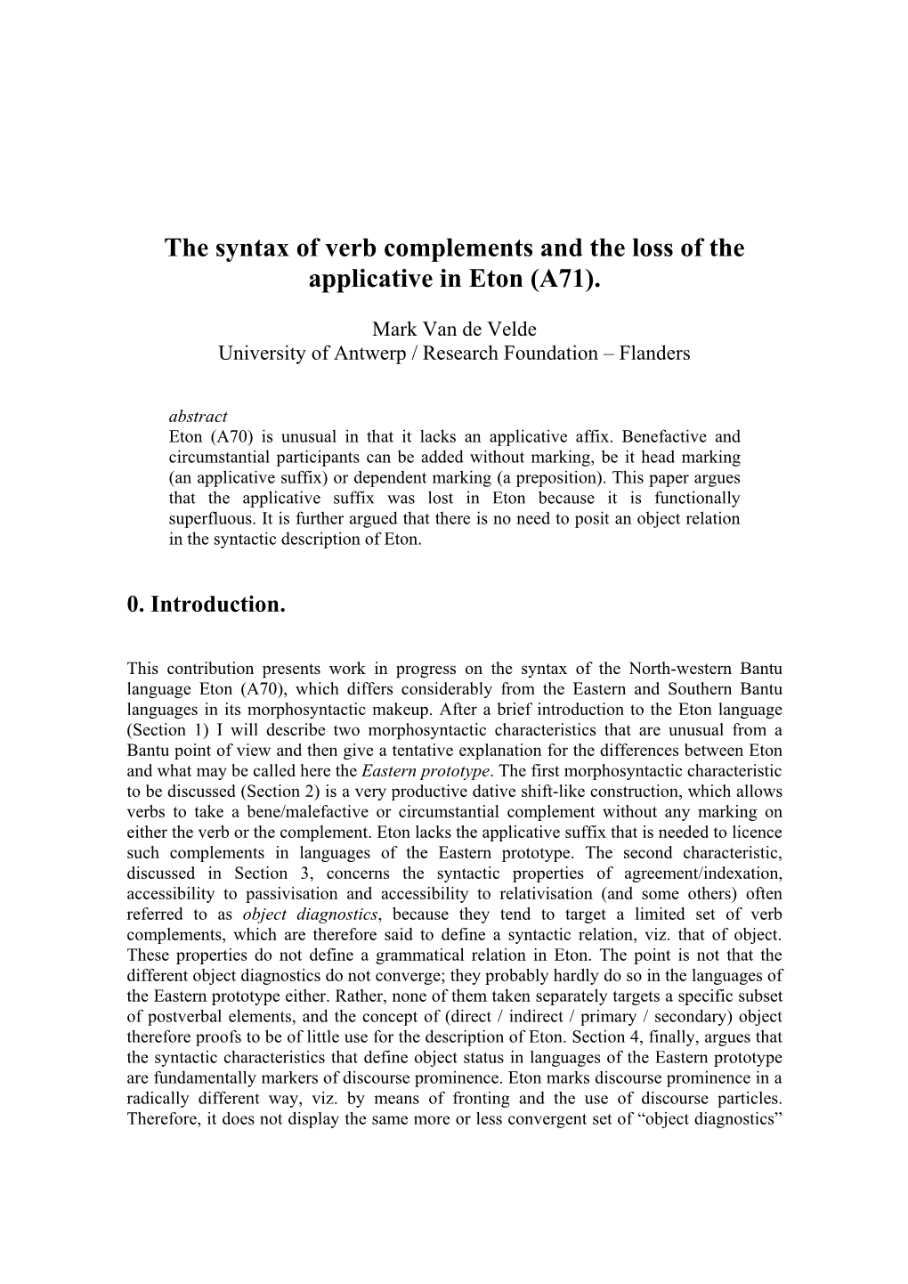 The Syntax of Verb Complements and the Loss of the Applicative in Eton (A71)