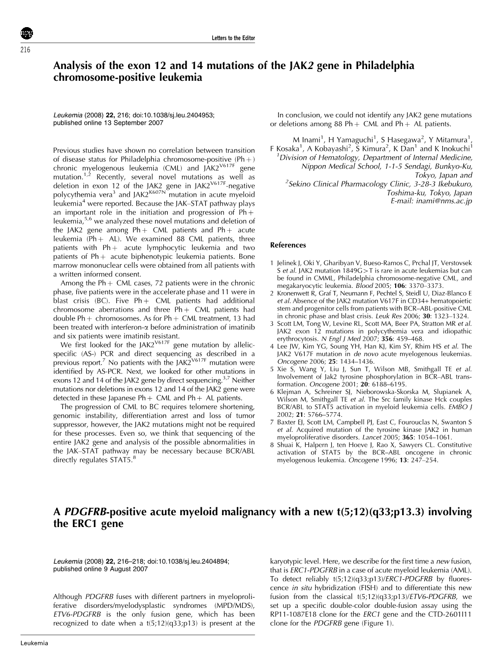 Analysis of the Exon 12 and 14 Mutations of the JAK2 Gene in Philadelphia Chromosome-Positive Leukemia a PDGFRB-Positive Acute M