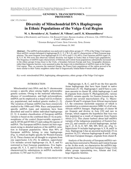 Diversity of Mitochondrial DNA Haplogroups in Ethnic Populations of the Volgaðural Region M