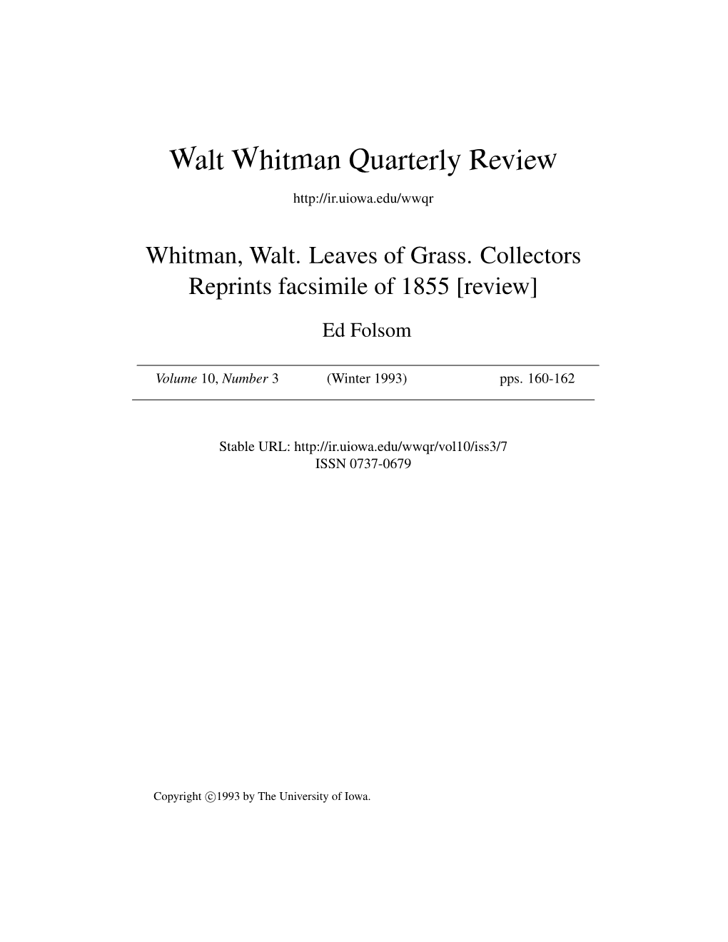 Walt Whitman Quarterly Review