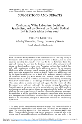 Confronting White Labourism: Socialism, Syndicalism, and the Role of the Scottish Radical Left in South Africa Before 1914*