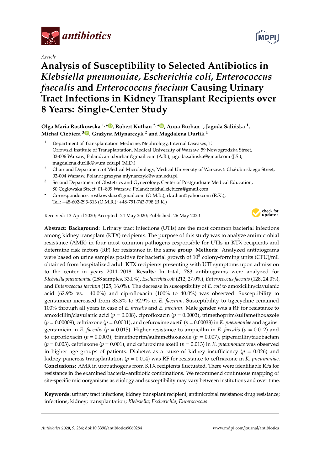 Analysis of Susceptibility to Selected Antibiotics in Klebsiella