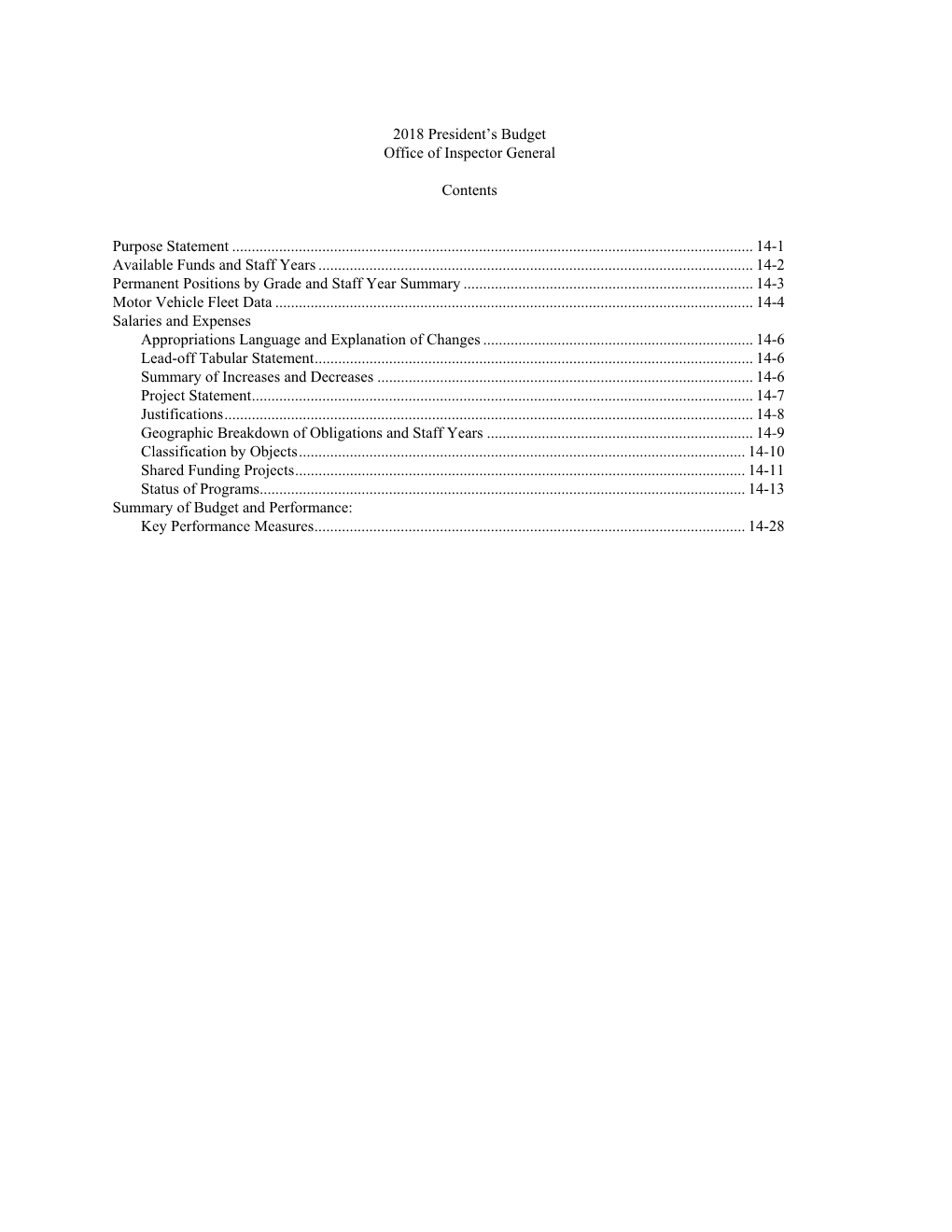 2018 President's Budget Office of Inspector General Contents