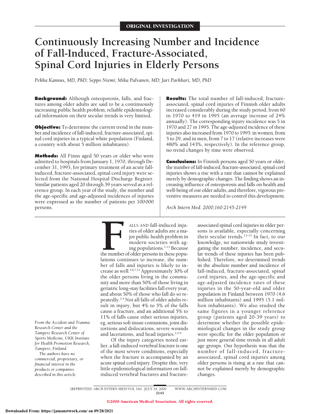 Continuously Increasing Number and Incidence of Fall-Induced, Fracture-Associated, Spinal Cord Injuries in Elderly Persons