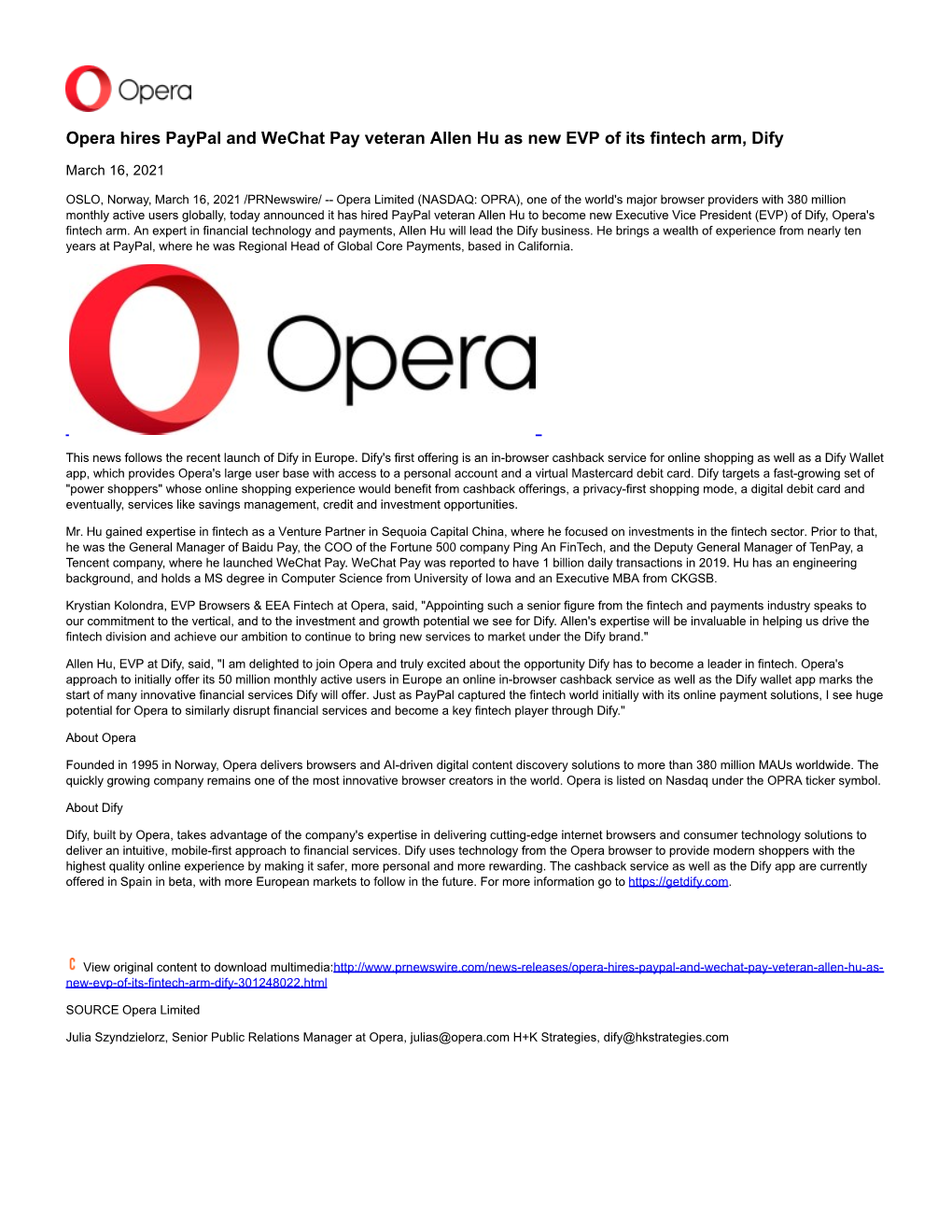 Opera Hires Paypal and Wechat Pay Veteran Allen Hu As New EVP of Its Fintech Arm, Dify
