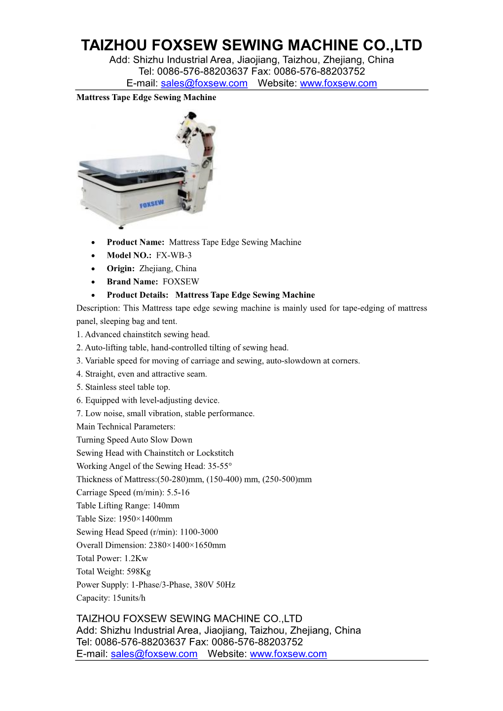 Taizhou Foxsew Sewing Machine Co.,Ltd