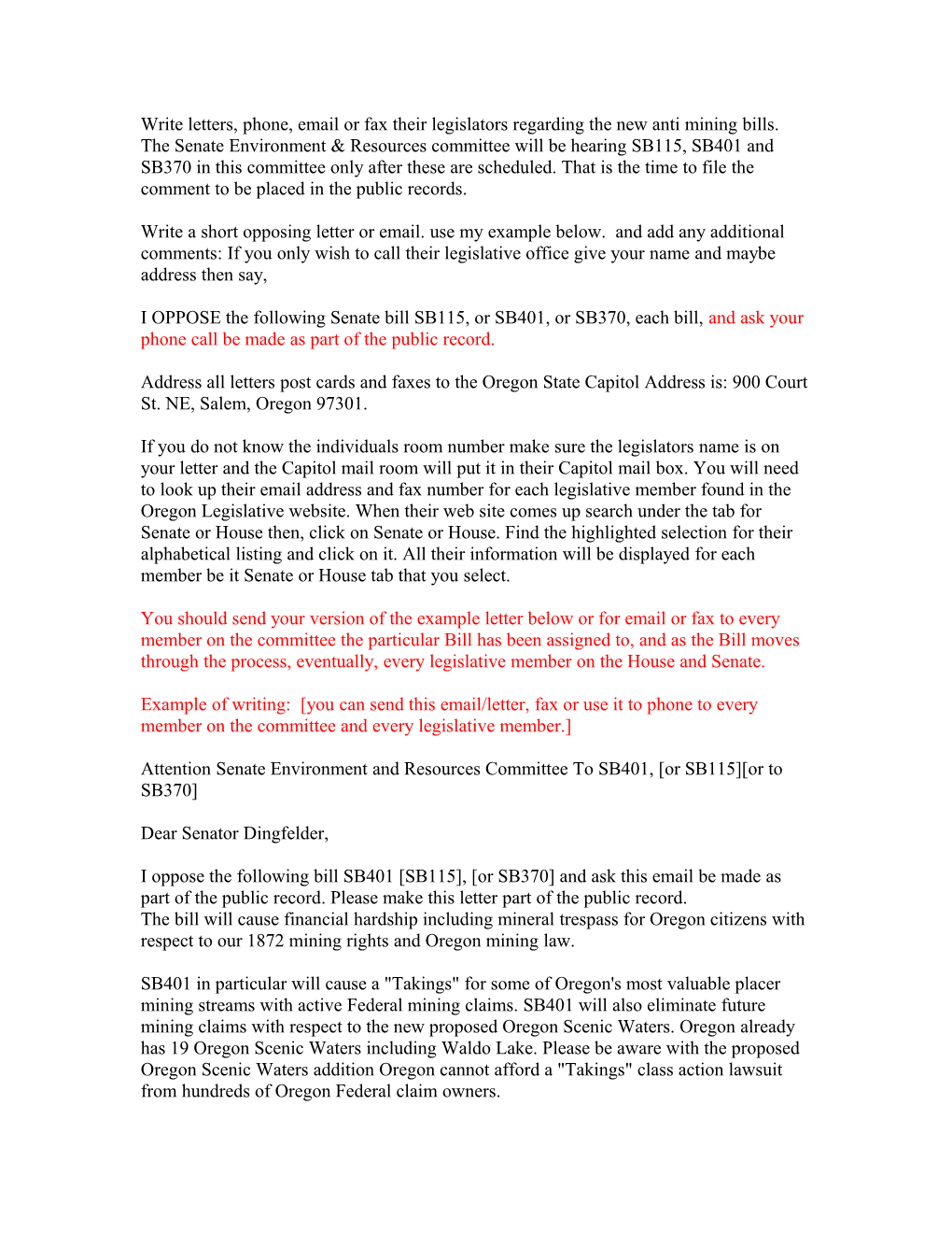 Write Letters, Phone, Email Or Fax Their Legislators Regarding the New Anti Mining Bills