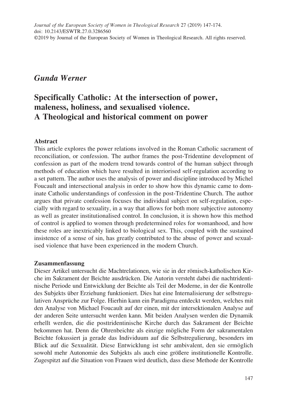 Gunda Werner Specifically Catholic: at the Intersection of Power, Maleness, Holiness, and Sexualised Violence