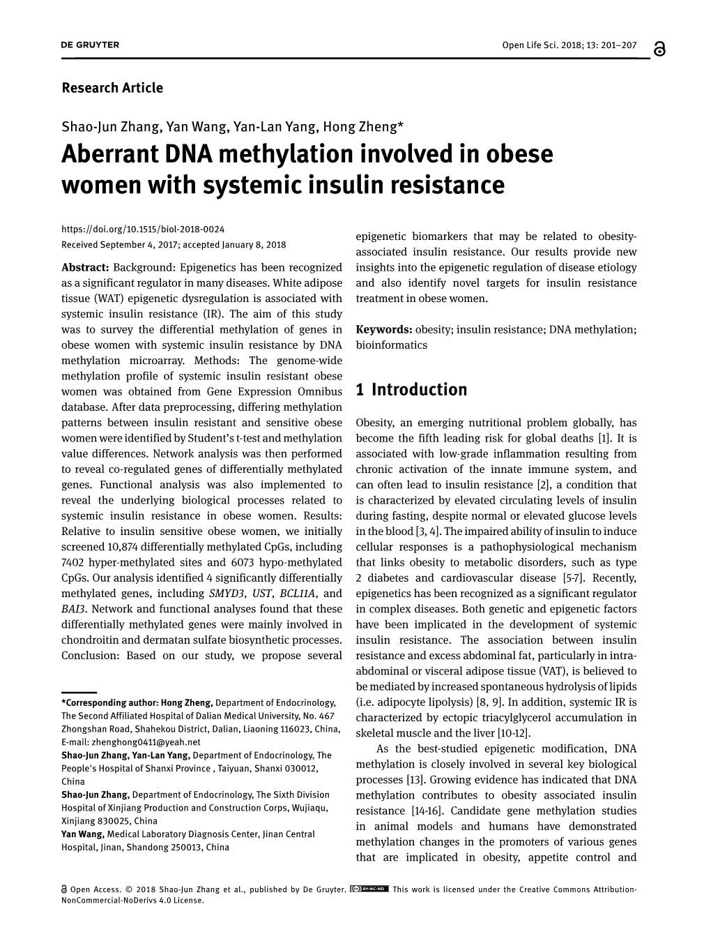 Aberrant DNA Methylation Involved in Obese Women with Systemic Insulin