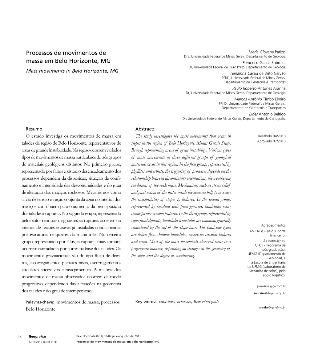 Processos De Movimentos De Massa Em Belo Horizonte, MG
