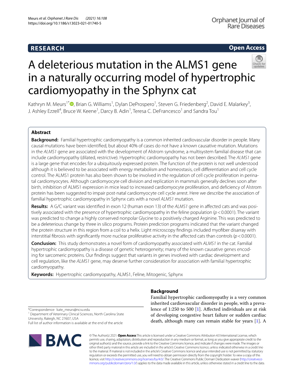 A Deleterious Mutation in the ALMS1 Gene in a Naturally Occurring Model of Hypertrophic Cardiomyopathy in the Sphynx Cat Kathryn M