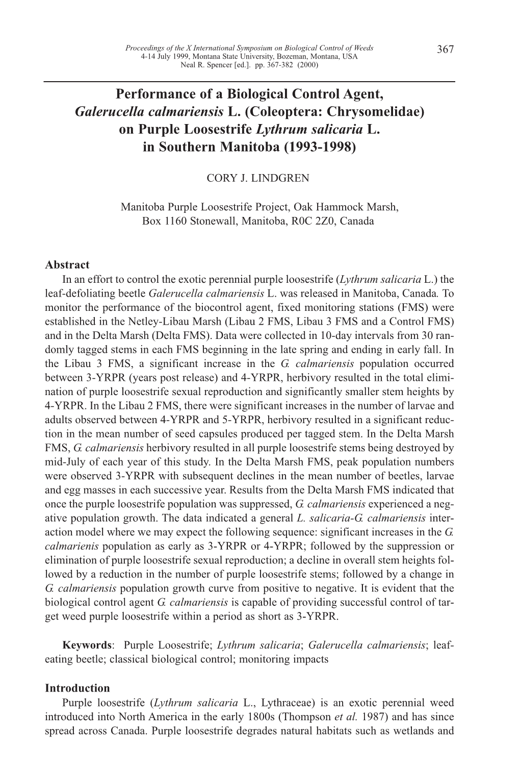 Performance of a Biological Control Agent, Galerucella Calmariensis L