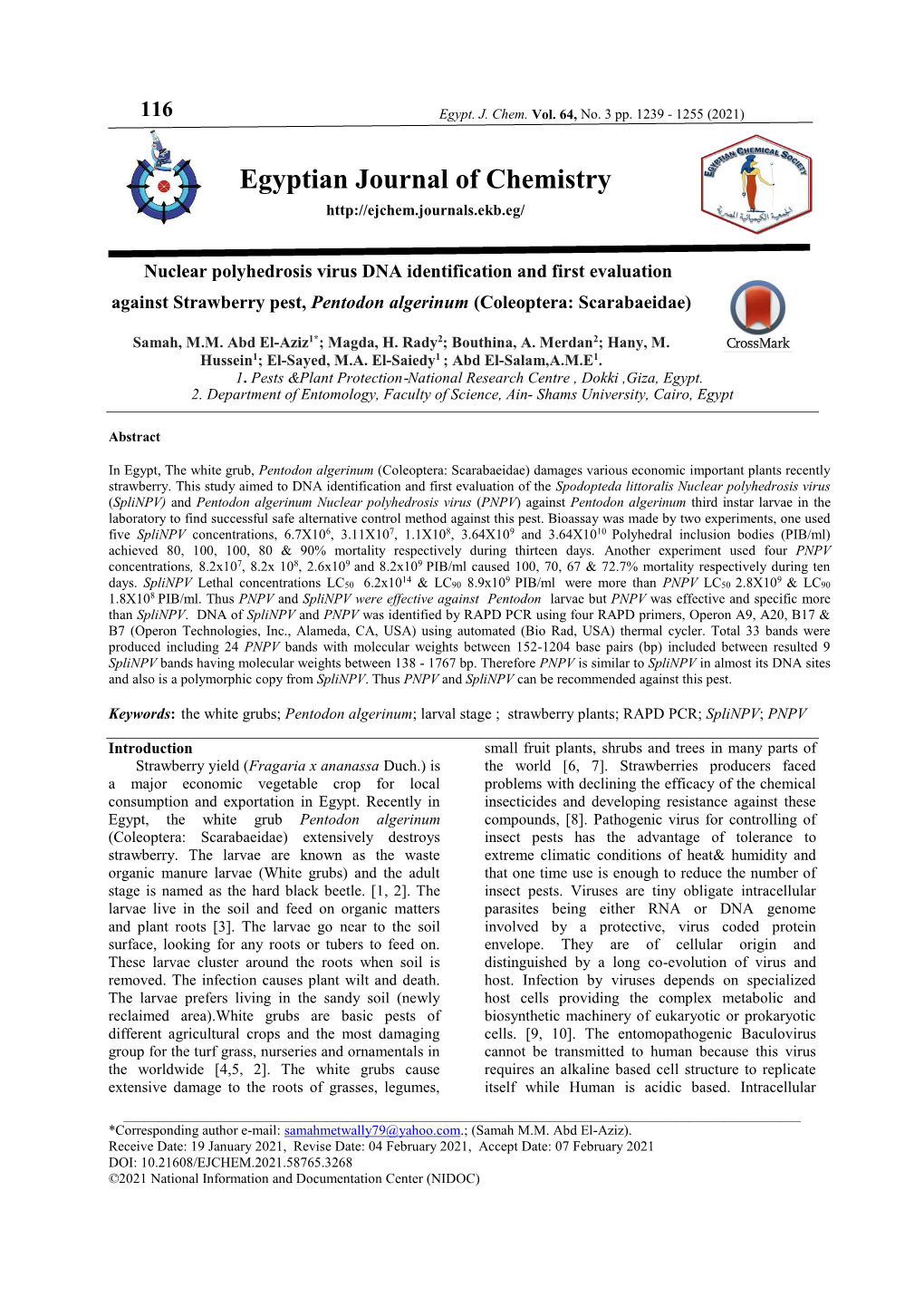 Nuclear Polyhedrosis Virus DNA Identification and First Evaluation Against Strawberry Pest, Pentodon Algerinum (Coleoptera: Scarabaeidae)