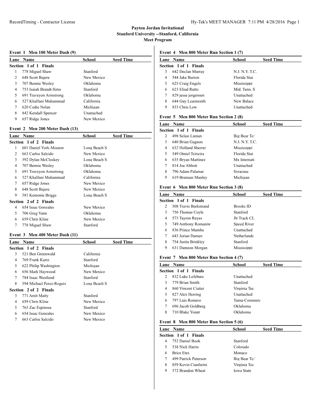 Contractor License Hy-Tek's MEET MANAGER 7:11 PM 4/28/2016 Page 1 Payton Jordan Invitational Stanford University --Stanford, California Meet Program