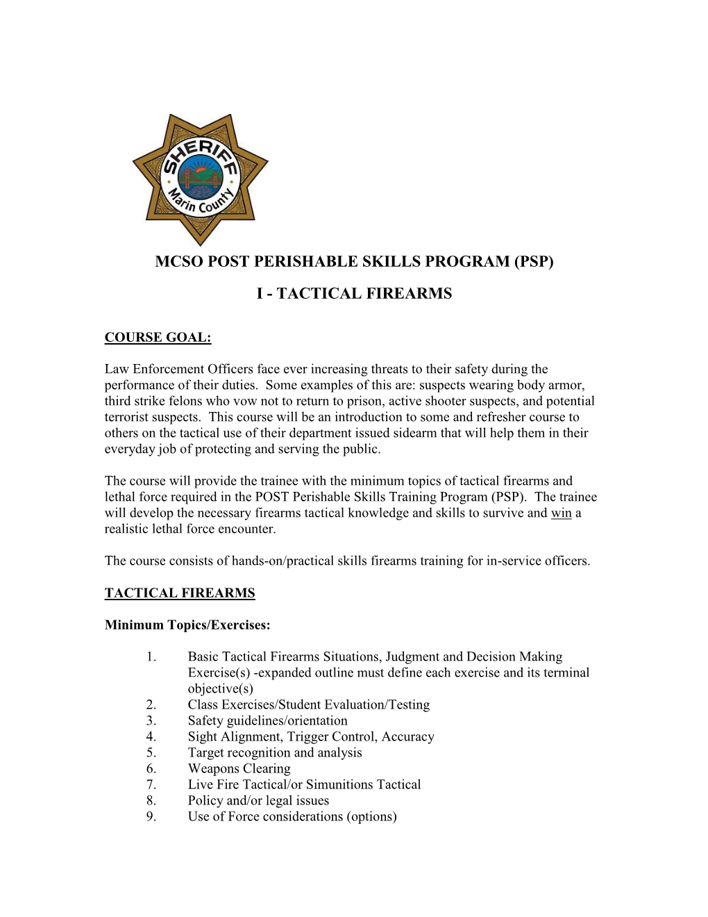 Mcso Post Perishable Skills Program (Psp) I