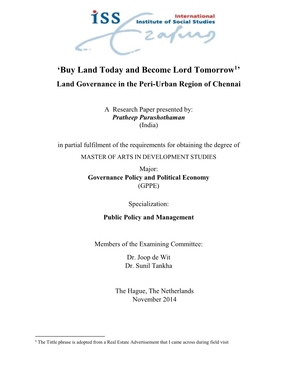 Land Governance in the Peri-Urban Region of Chennai