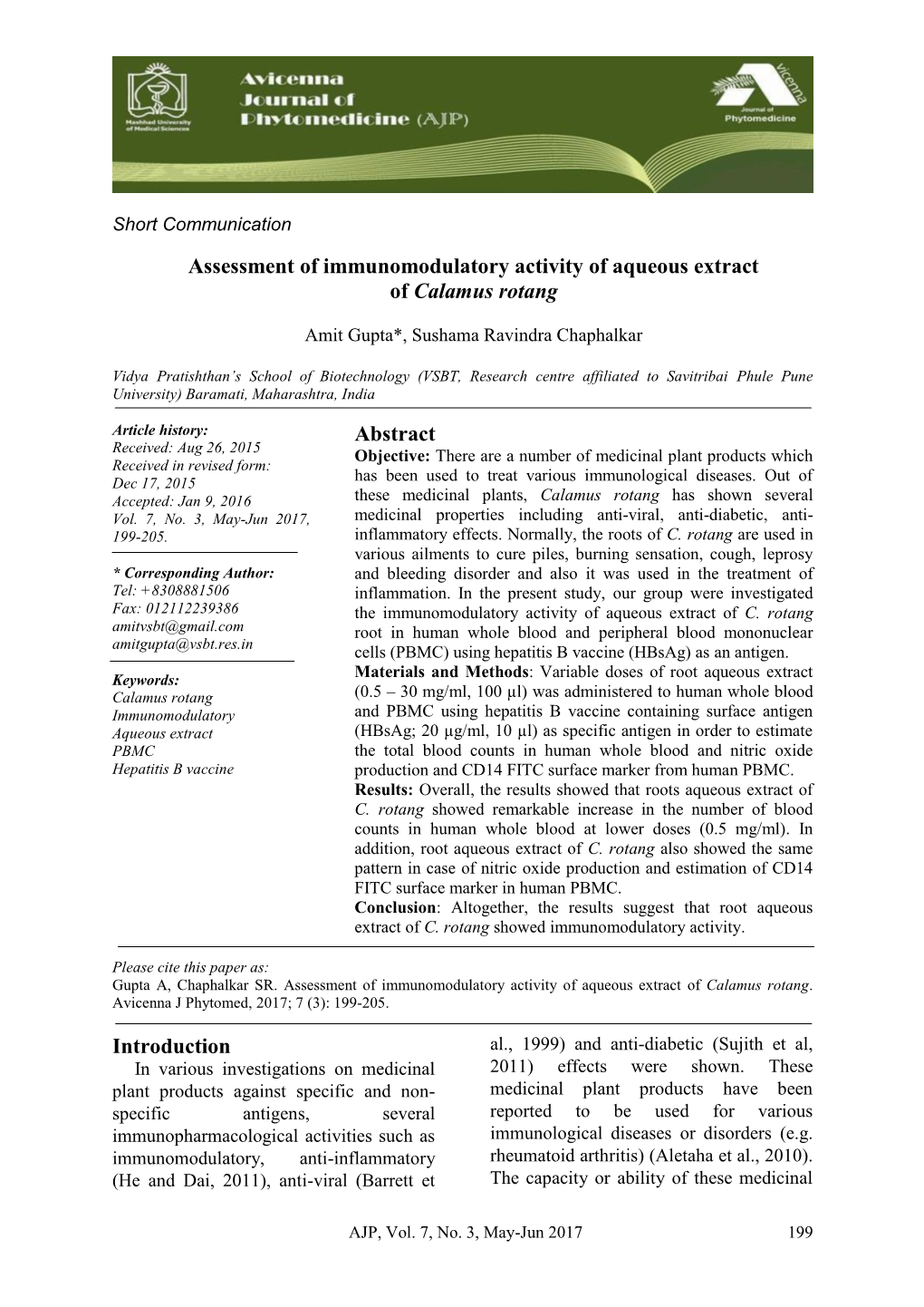 Assessment of Immunomodulatory Activity of Aqueous Extract of Calamus Rotang