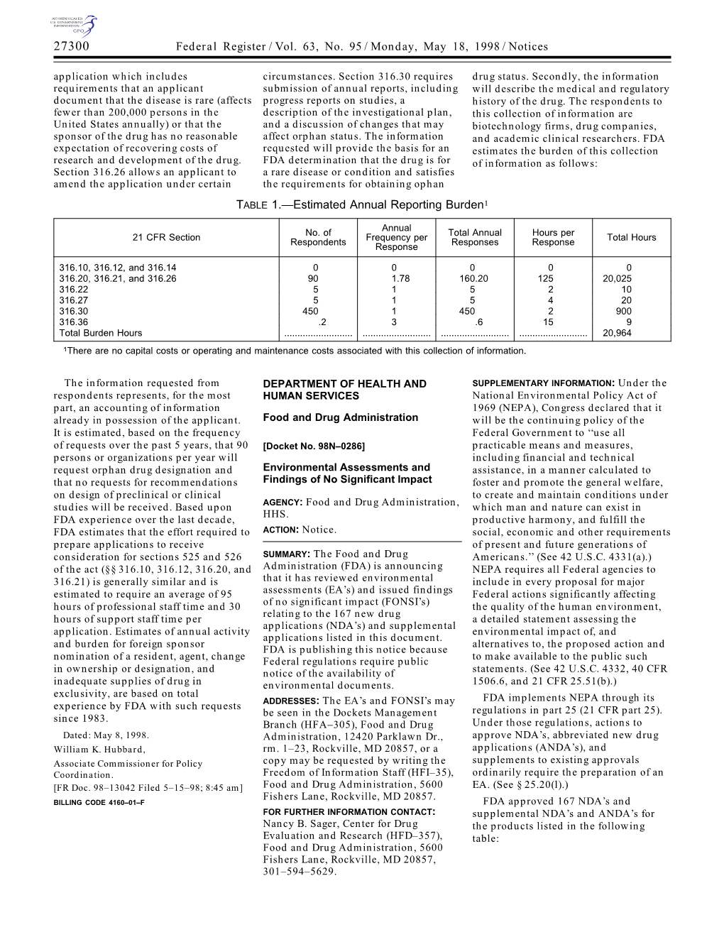 Federal Register/Vol. 63, No. 95/Monday, May 18, 1998/Notices