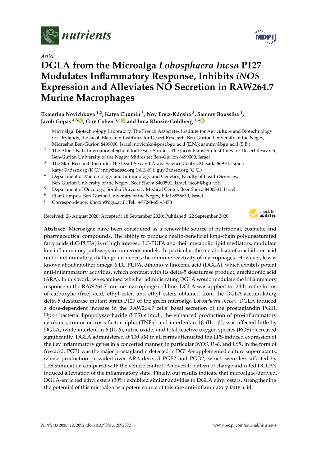 DGLA from the Microalga Lobosphaera Incsa P127 Modulates Inflammatory Response, Inhibits Inos Expression and Alleviates NO Secretion in RAW264. 7 Murine Macrophages