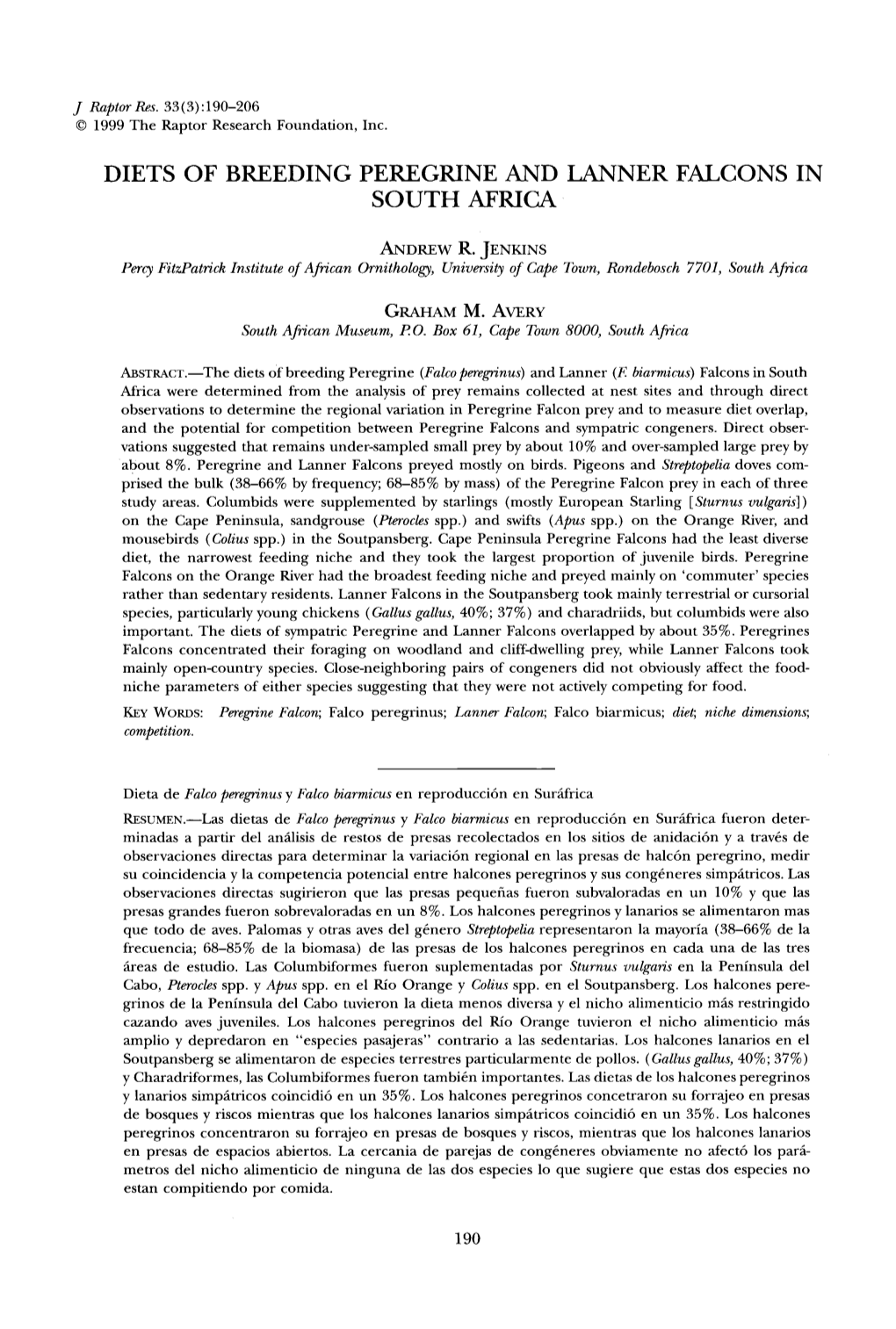 Diets of Breeding Peregrine and Lanner Falcons in South Africa