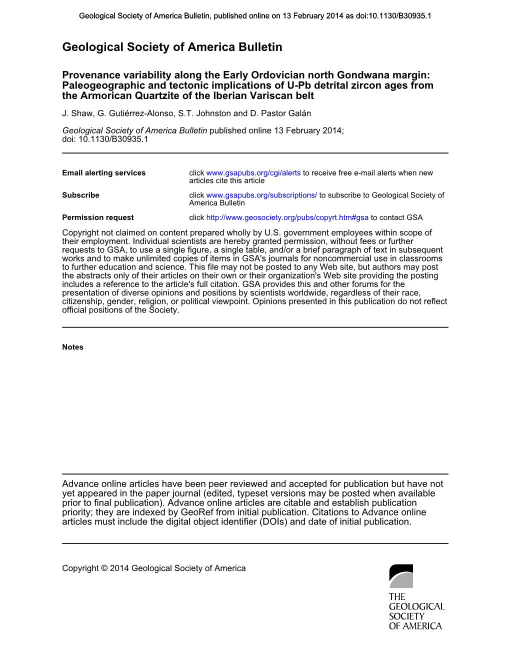 Geological Society of America Bulletin, Published Online on 13 February 2014 As Doi:10.1130/B30935.1