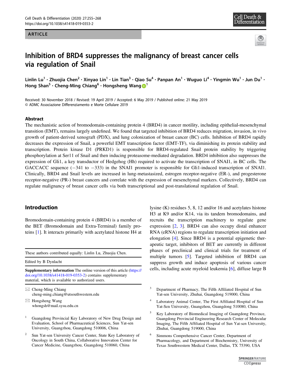Inhibition of BRD4 Suppresses the Malignancy of Breast Cancer Cells Via Regulation of Snail