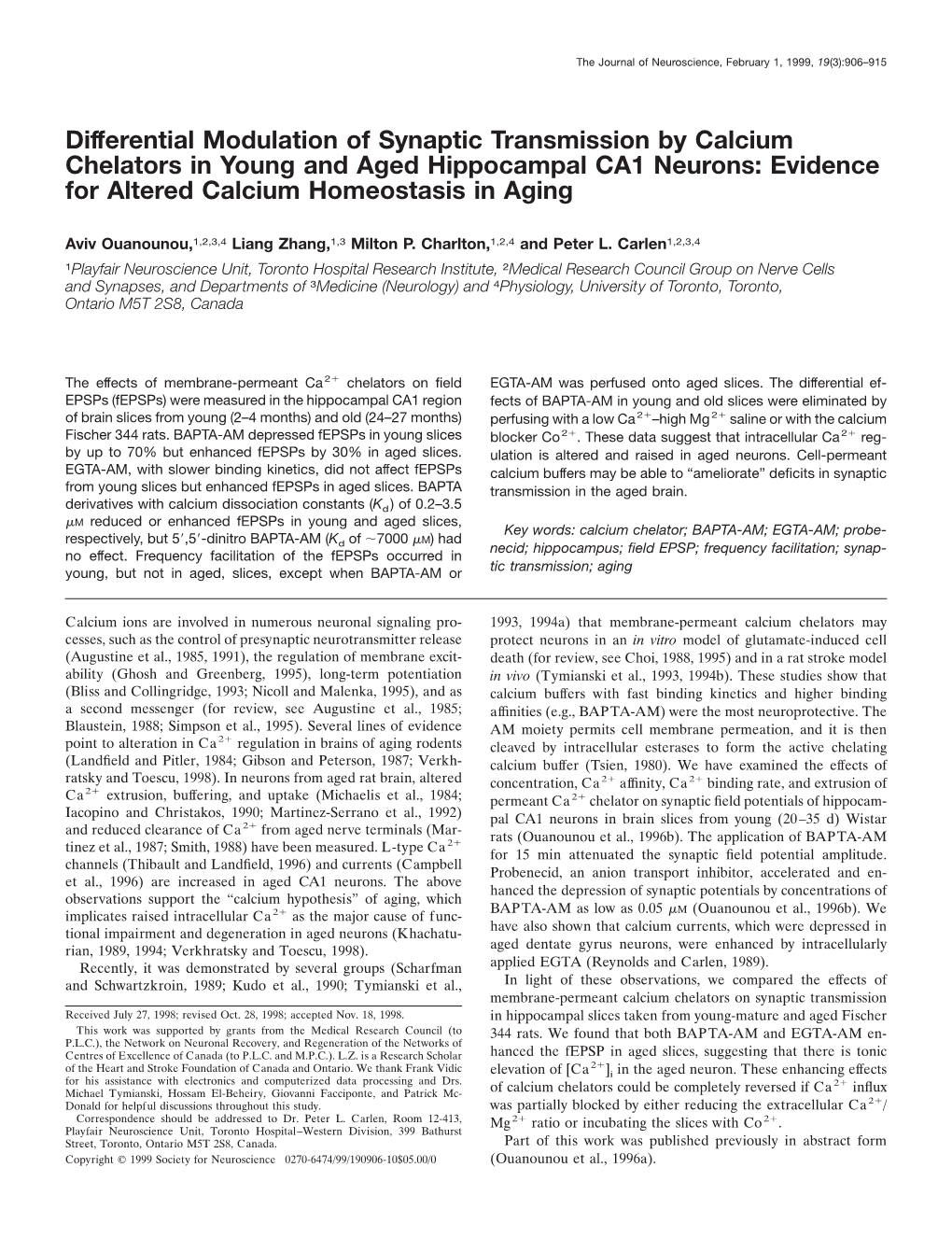 Differential Modulation of Synaptic Transmission by Calcium Chelators in Young and Aged Hippocampal CA1 Neurons: Evidence for Altered Calcium Homeostasis in Aging