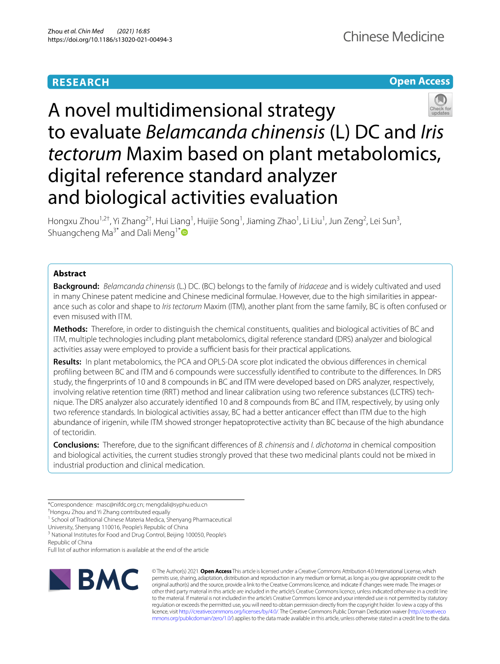 (L) DC and Iris Tectorum Maxim Based on Plant Metabolomics, D