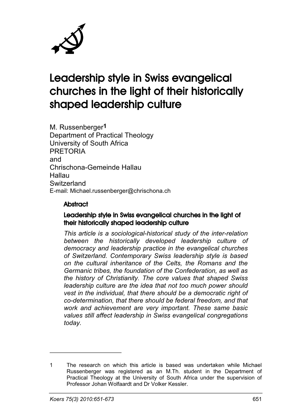 Leadership Style in Swiss Evangelical Churches in the Light of Their Historically Shaped Leadership Culture