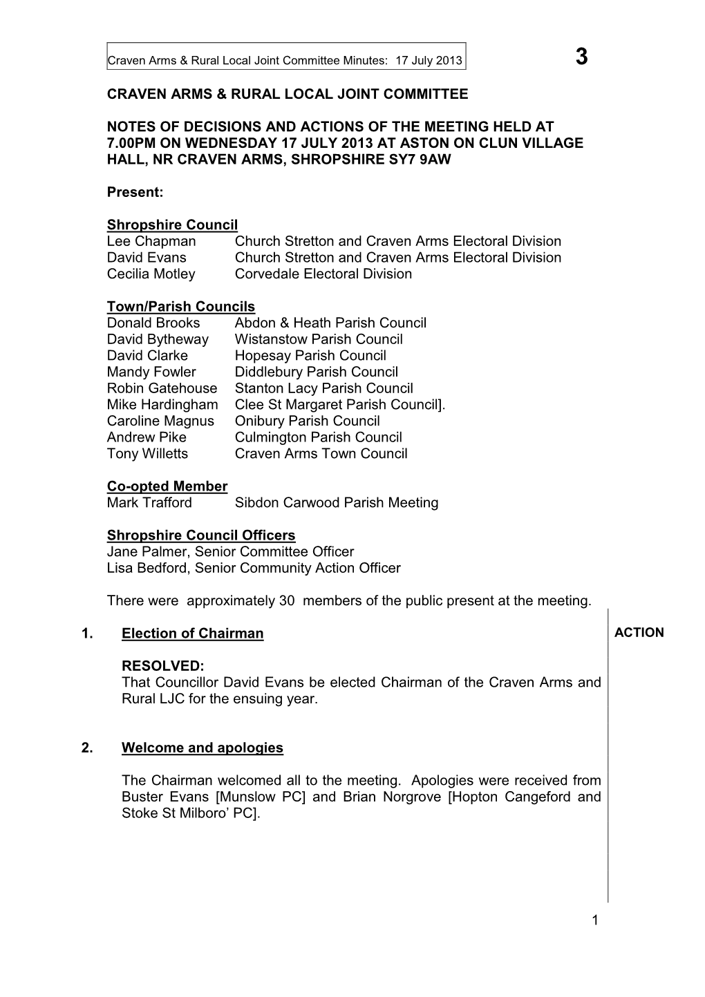 1 Craven Arms & Rural Local Joint Committee Notes of Decisions and Actions of the Meeting Held at 7.00Pm on Wednesday 17