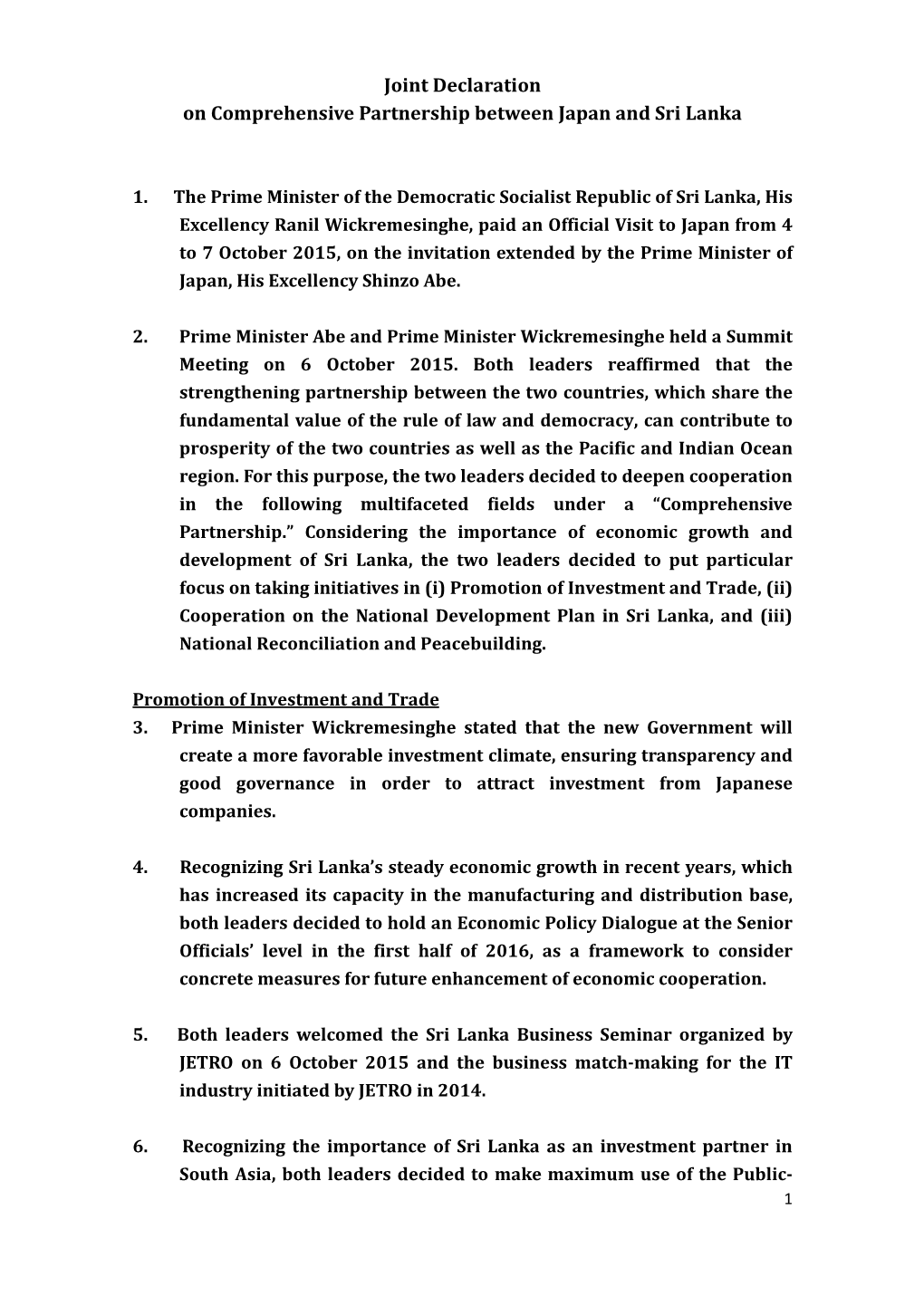 Joint Declaration on Comprehensive Partnership Between Japan and Sri Lanka