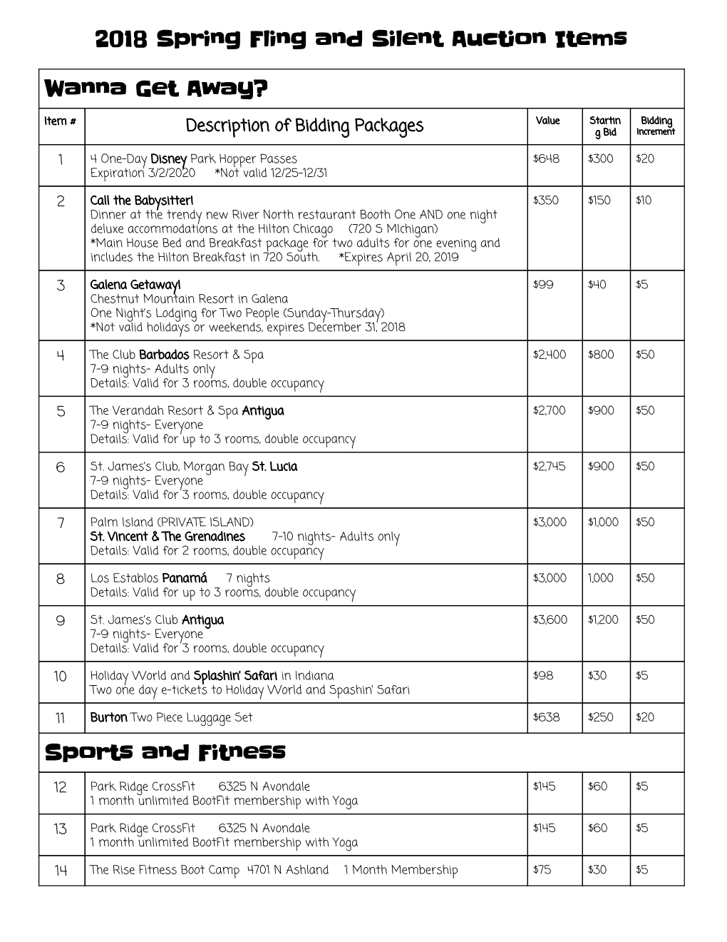 2018 Spring Fling and Silent Auction Items