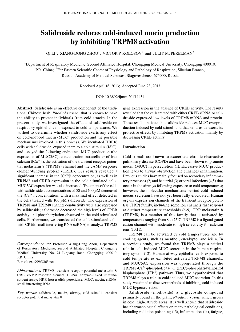 Salidroside Reduces Cold-Induced Mucin Production by Inhibiting TRPM8 Activation